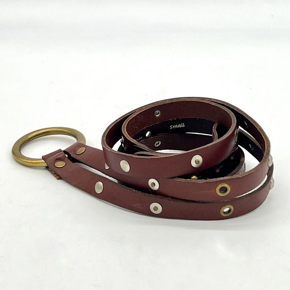 Fossil Womens Sz S Brown Leather Belt Studded Ring Loop Closure Double Strap New
